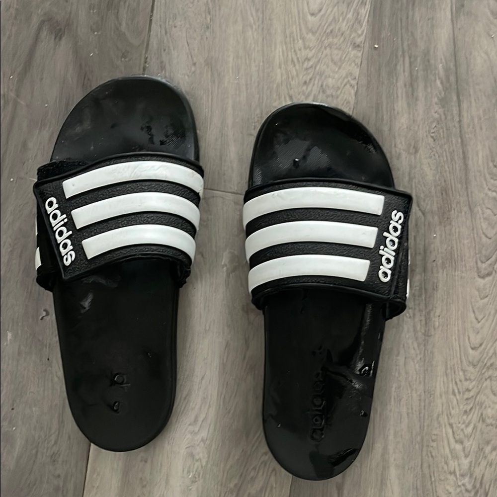 Adidas Black and White Slide Sandals with Stripes